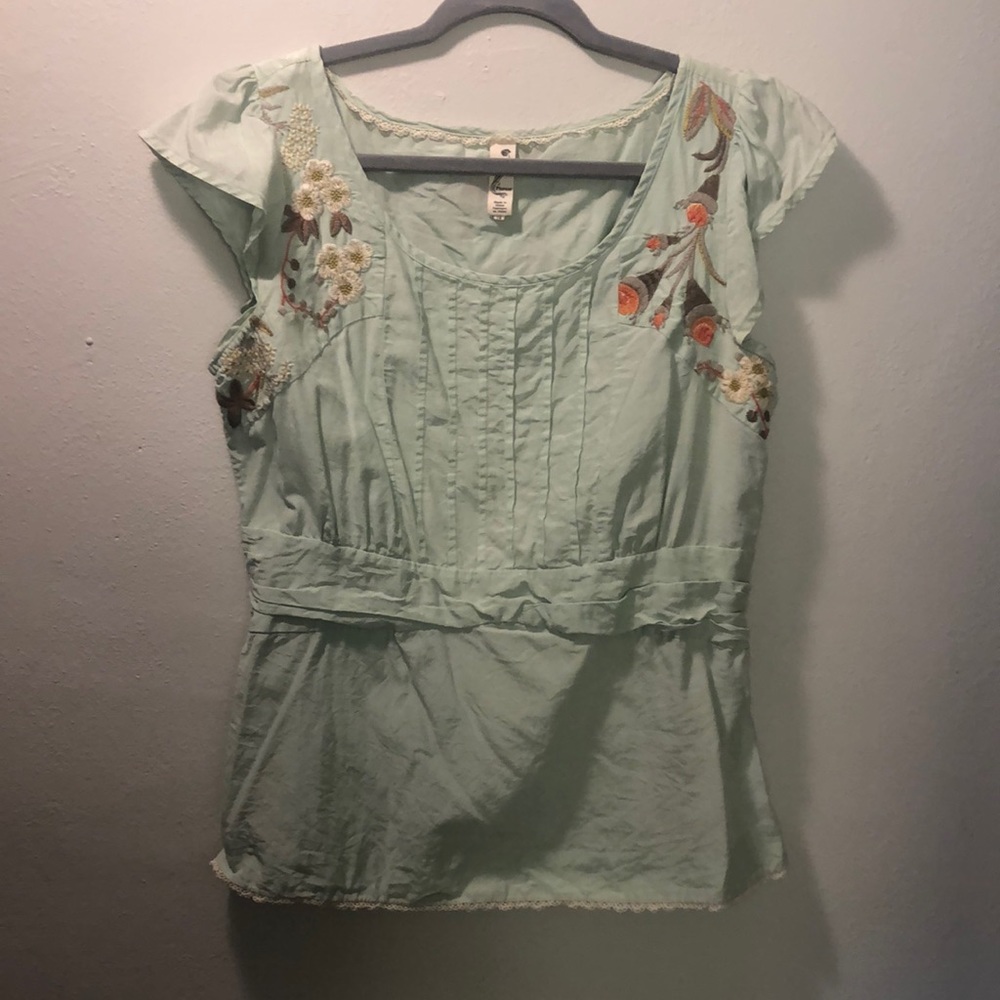 Anthropologie Mint Green Floral Blouse